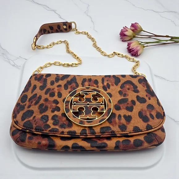 Tory Burch Ainsley Leopard Print Patent Leather Clutch Crossbody Gold Logo Bag - Picture 7 of 17